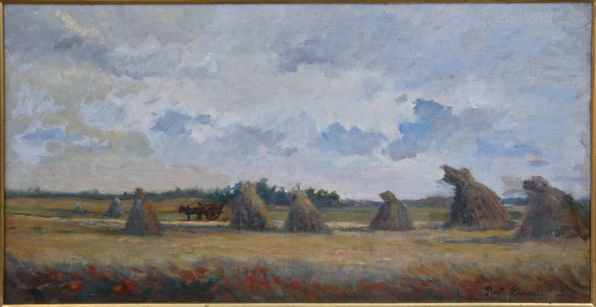 Paul Biernet "landscape With Haystacks" Oil On Canvas 35x63-photo-4